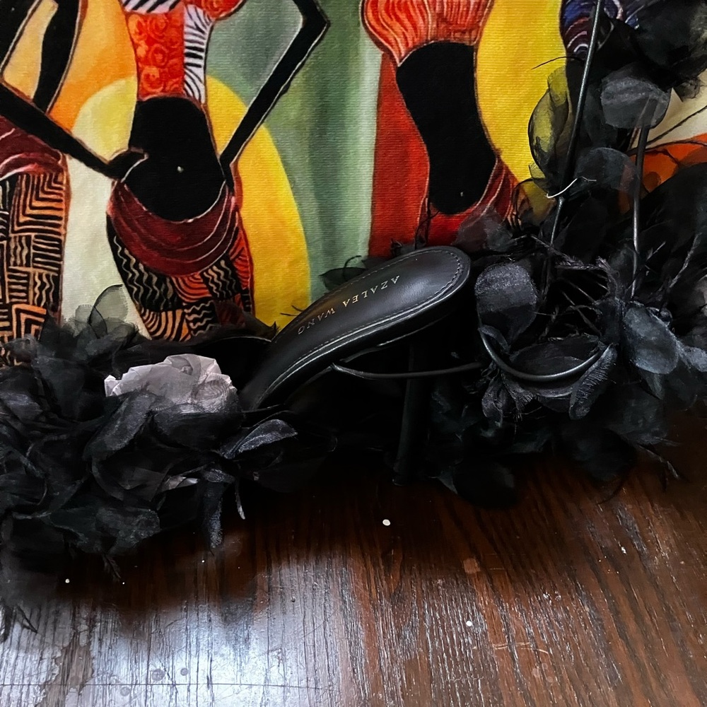 New- Black Feather Straps Rap Around Heels
